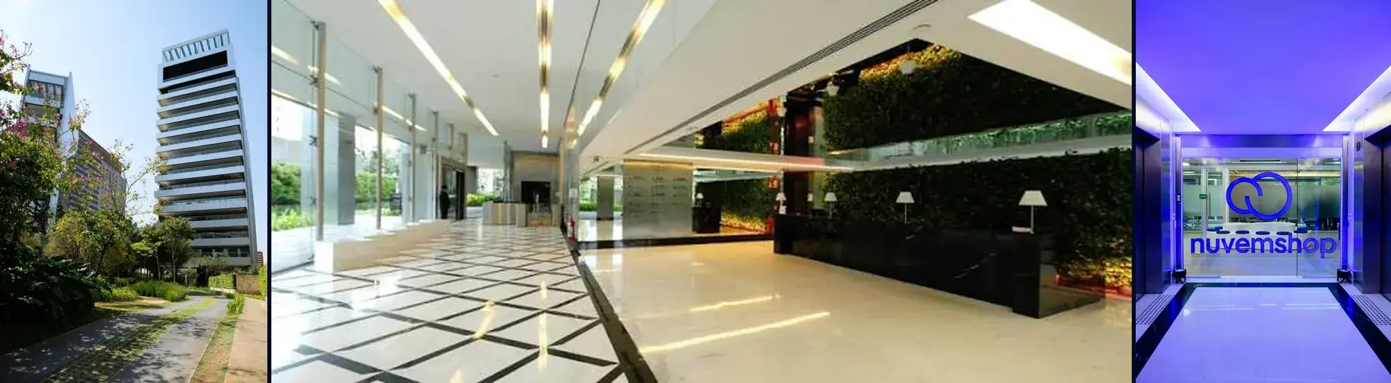 Montagem de chegada: fachada do prédio, lobby e entrada do escritório